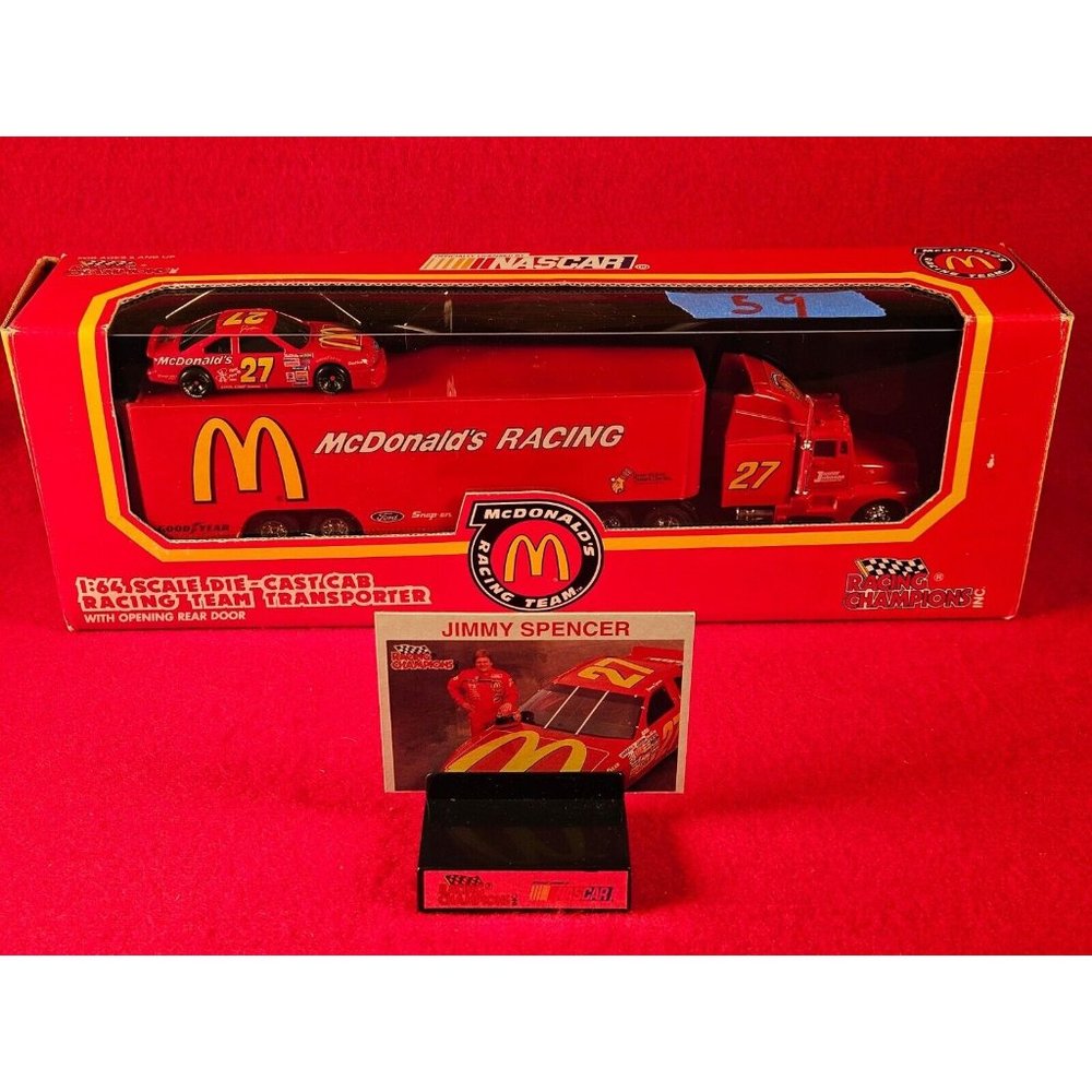 JIMMY SPENCER NASCAR #27 TRANSPORTER BUNDLE w/MATCHING STOCKCAR & PLAYER CARD